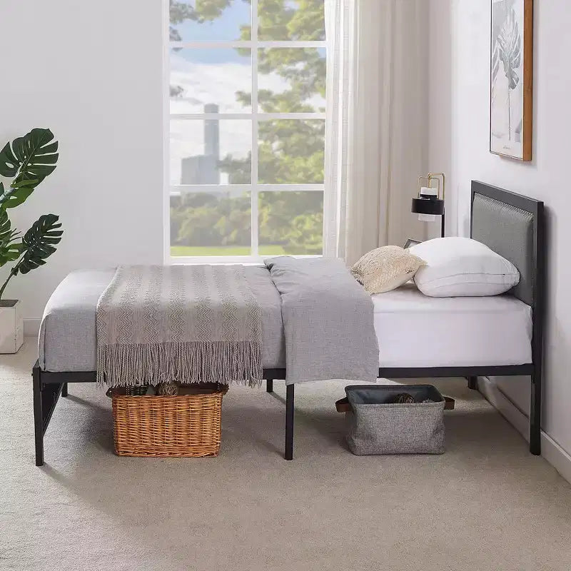 VECELO - Letto imbottito in lino con testiera e pediera, piattaforma resistente, solide doghe in metallo, nessuna necessità di rete a molle, facile da montare
