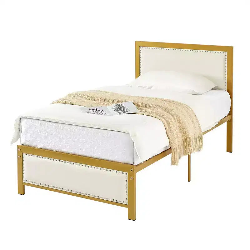 VECELO - Letto imbottito in lino con testiera e pediera, piattaforma resistente, solide doghe in metallo, nessuna necessità di rete a molle, facile da montare