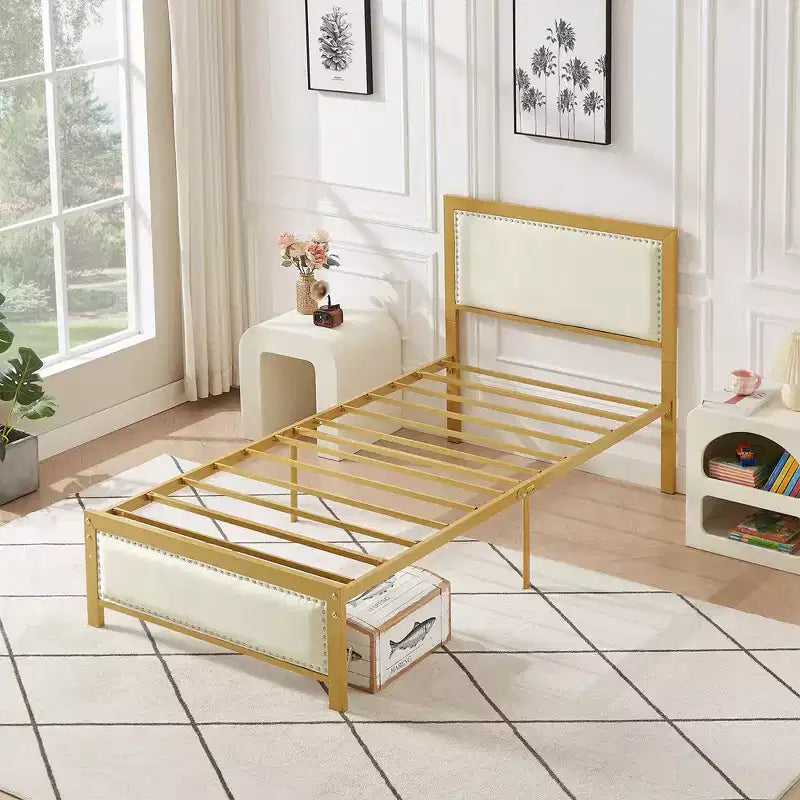 VECELO - Letto imbottito in lino con testiera e pediera, piattaforma resistente, solide doghe in metallo, nessuna necessità di rete a molle, facile da montare