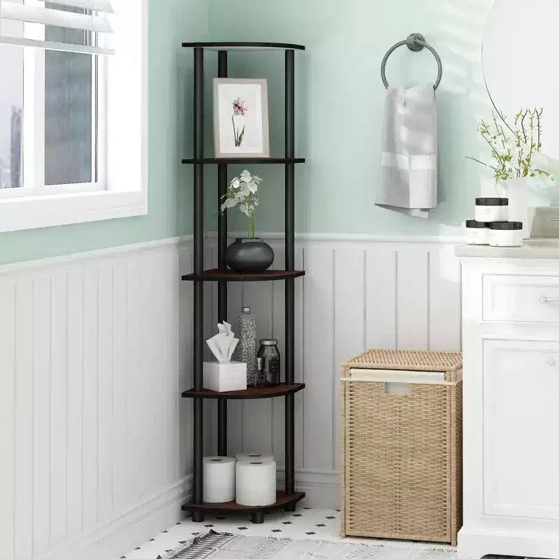 Furinno Modern 5-Shelf Tall Bookshelf Multipurpose Shelving Unit Corner Display Rack,Dark Cherry/Black