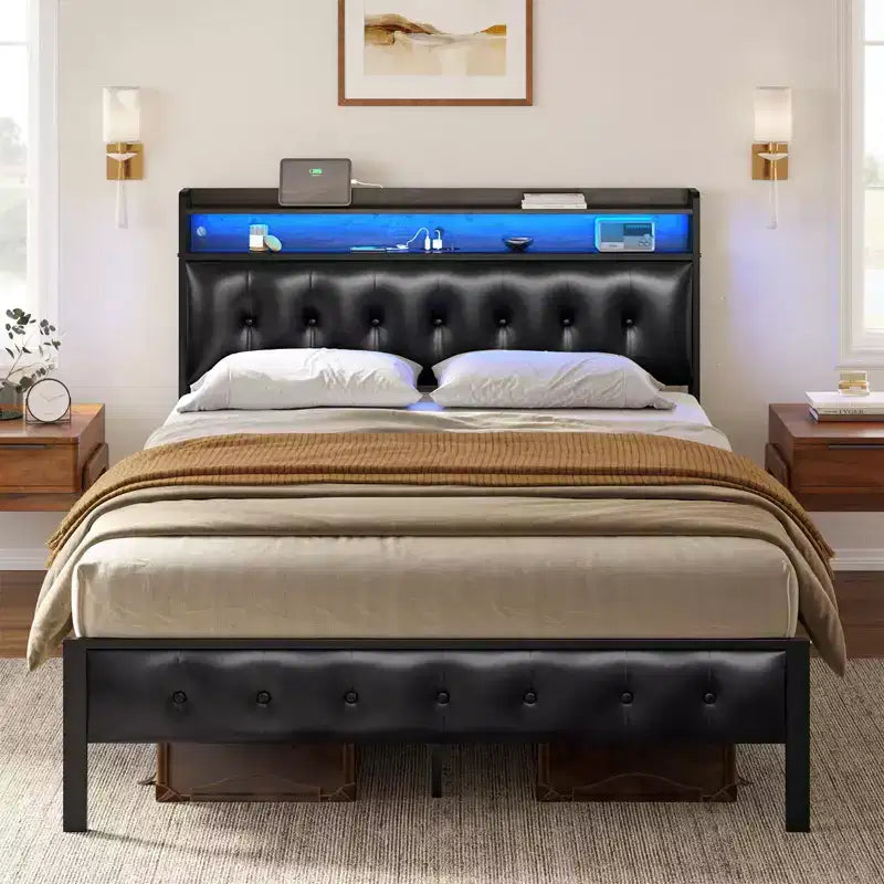 Hausource Upholstered Bed Frame with LED Headboard-Black