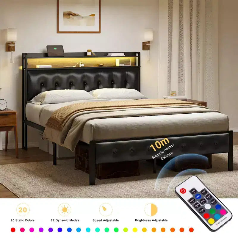 Struttura letto imbottita Hausource con testiera a LED - Nera