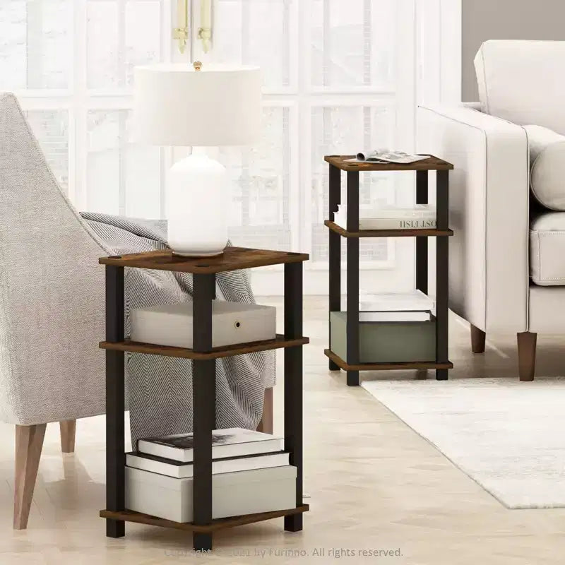 Furinno 2PCS 3-Tier Industrial Accent End Table Sofa Side Table Nightstand W/Open Bookshelf for Living Room&Home Office&Study&Bedroom,Amber Pine/Black