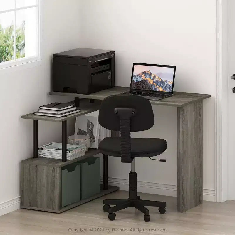 Furinno 39.4 Reversible L-Shape Corner Computer Desk Writing Table Study Workstation with 3-Tier Open Storage Shelves,French Oak/Black