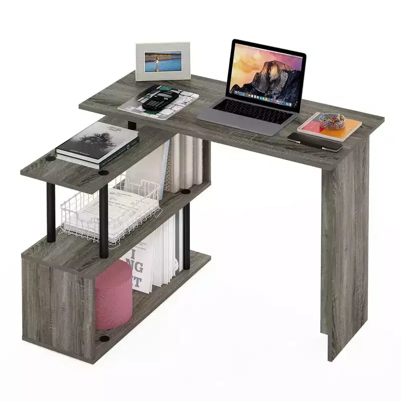 Furinno 39.4 Scrivania ad angolo a L reversibile per computer, tavolo da scrittura, workstation da studio con ripiani aperti a 3 livelli, Rovere francese/Nero