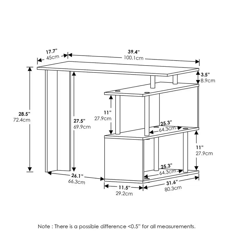 Furinno 39.4 Scrivania ad angolo a L reversibile per computer, tavolo da scrittura, workstation da studio con ripiani aperti a 3 livelli, Rovere francese/Nero