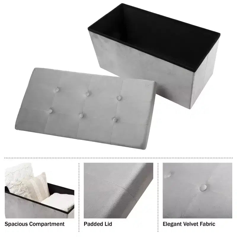 Pouf-Contenitore, Poggiapiedi, Panca Organizer o Cassapanca in Velluto Trapuntato con Coperchio Rimovibile Lavish Home per Camera da Letto, Dormitorio o Ingresso