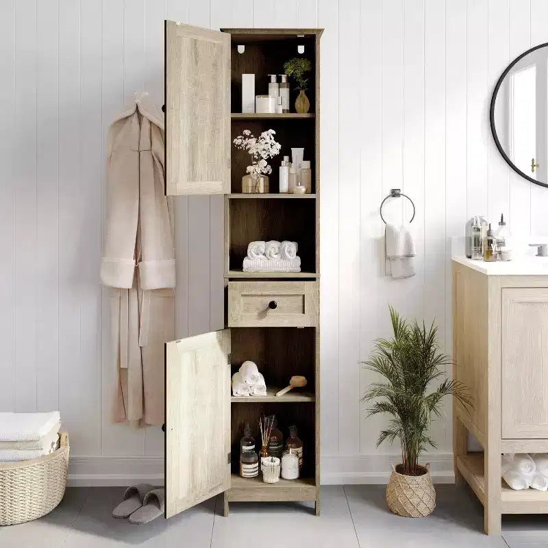 Flash Furniture Dune, colonna bagno indipendente con ante a chiusura magnetica, ripiani regolabili, mensola a giorno e cassetto