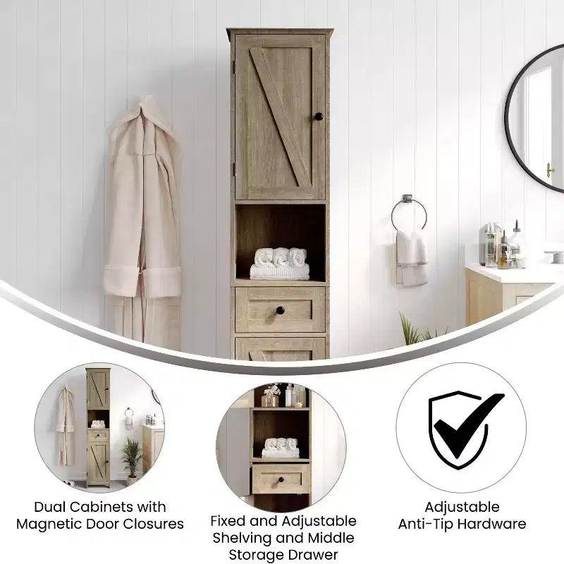 Flash Furniture Dune, colonna bagno indipendente con ante a chiusura magnetica, ripiani regolabili, mensola a giorno e cassetto