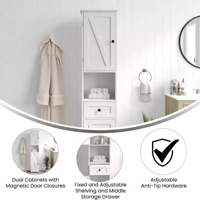 Flash Furniture Dune, colonna bagno indipendente con ante a chiusura magnetica, ripiani regolabili, mensola a giorno e cassetto