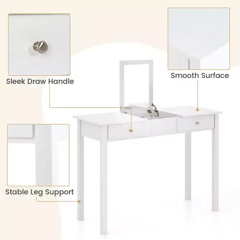 Costway Tavolo da toeletta 2-in-1 con specchio a ribalta 2 cassetti e vano portaoggetti a 9 scomparti bianco