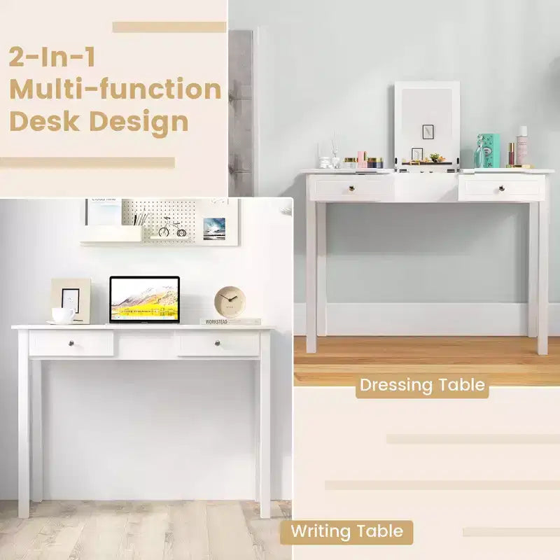 Costway Tavolo da toeletta 2-in-1 con specchio a ribalta 2 cassetti e vano portaoggetti a 9 scomparti bianco