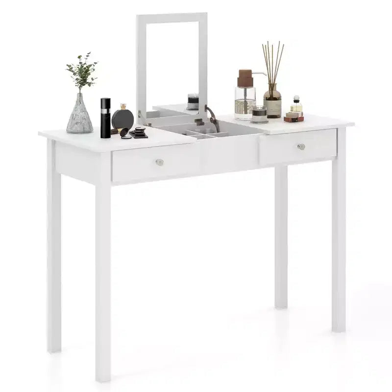 Costway Tavolo da toeletta 2-in-1 con specchio a ribalta 2 cassetti e vano portaoggetti a 9 scomparti bianco