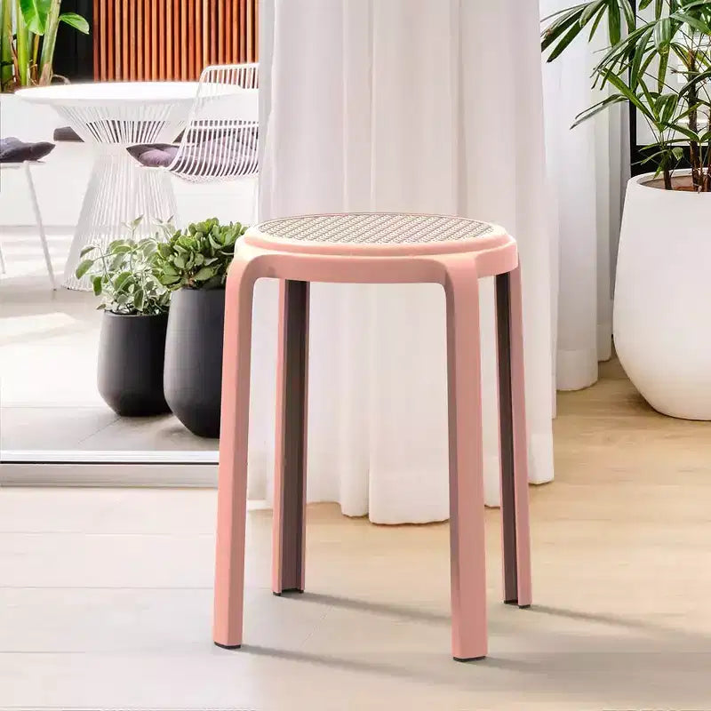 Sgabello da pranzo rotondo impilabile LeisureMod Tresse con parte superiore in vimini, design leggero e durevole per cucina, giardino, balcone, bar, terrazza o patio