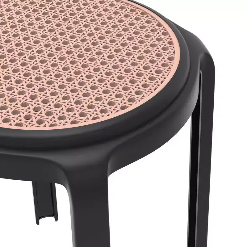 Sgabello da pranzo rotondo impilabile LeisureMod Tresse con parte superiore in vimini, design leggero e durevole per cucina, giardino, balcone, bar, terrazza o patio
