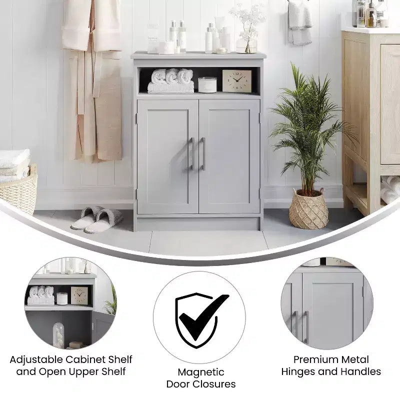 Mobiletto organizer per bagno Emma and Oliver con ripiano regolabile interno, ante con chiusura magnetica e ripiano superiore aperto