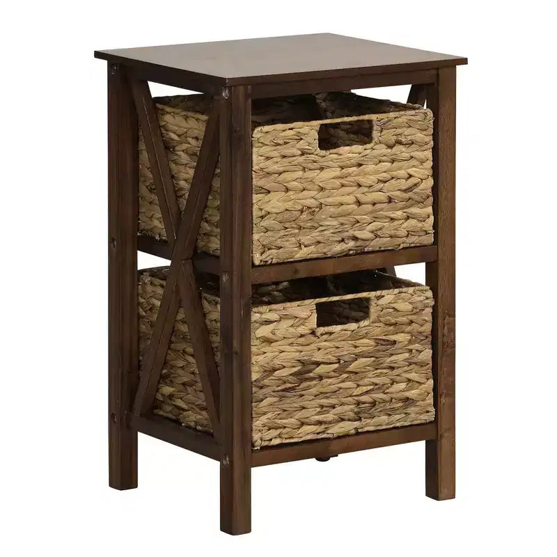 Costway 1/2 PCS 2-Tier Nightstand with 2 Seagrass Baskets Rubber Wood X-Shaped Frames 2 Drawers