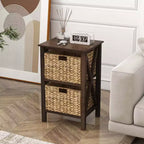 Costway 1/2 PZ Comodino a 2 Ripiani con 2 Cesti in Giunco Marino Strutture a X in Legno di Gomma 2 Cassetti