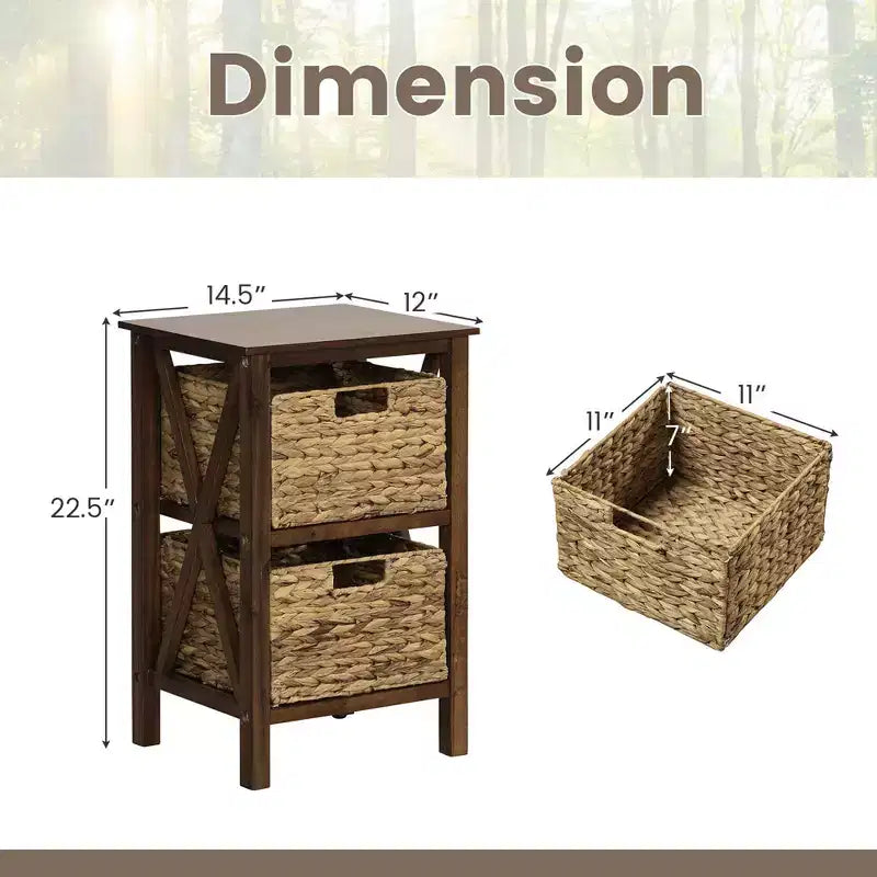 Costway 1/2 PZ Comodino a 2 Ripiani con 2 Cesti in Giunco Marino Strutture a X in Legno di Gomma 2 Cassetti