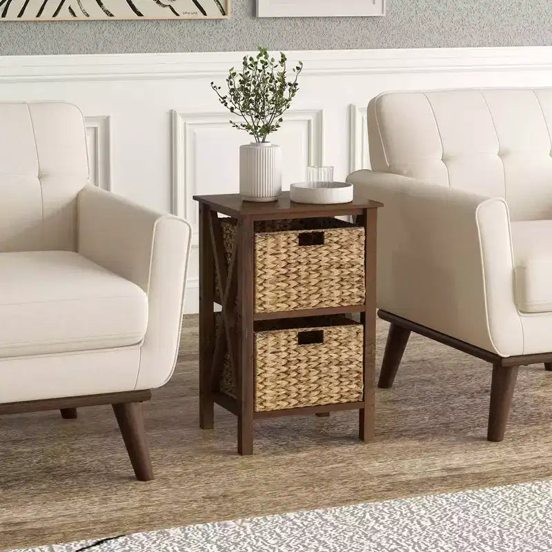 Costway 1/2 PZ Comodino a 2 Ripiani con 2 Cesti in Giunco Marino Strutture a X in Legno di Gomma 2 Cassetti
