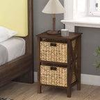 Costway 1/2 PZ Comodino a 2 Ripiani con 2 Cesti in Giunco Marino Strutture a X in Legno di Gomma 2 Cassetti