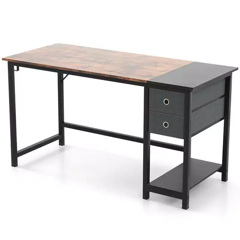 Scrivania da ufficio Costway da 55 pollici moderna postazione di lavoro per computer con 2 cassetti, gancio appendiabiti e ripiano portaoggetti per studio e camera da letto, marrone rustico e nero