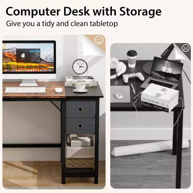 Scrivania da ufficio Costway da 55 pollici moderna postazione di lavoro per computer con 2 cassetti, gancio appendiabiti e ripiano portaoggetti per studio e camera da letto, marrone rustico e nero
