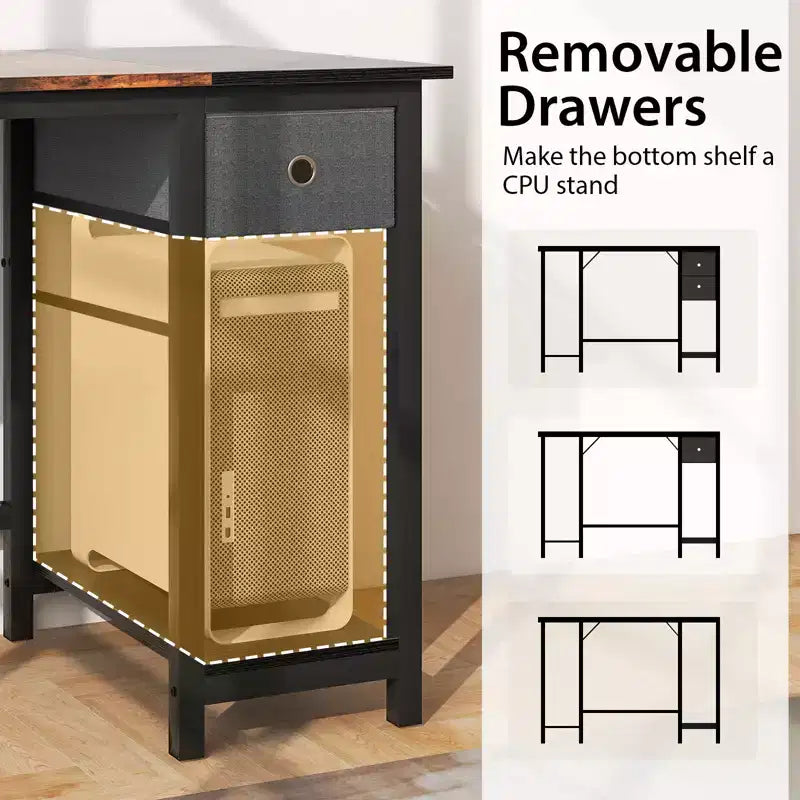 Scrivania da ufficio Costway da 55 pollici moderna postazione di lavoro per computer con 2 cassetti, gancio appendiabiti e ripiano portaoggetti per studio e camera da letto, marrone rustico e nero