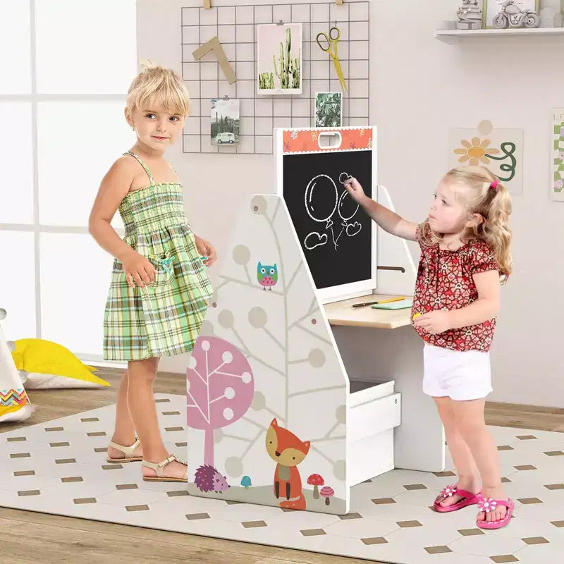 Set Tavolo e Sedie per Bambini Costway con Lavagna Magnetica e Lavagna Bianca Girevole a Doppia Faccia Grigio/Bianco