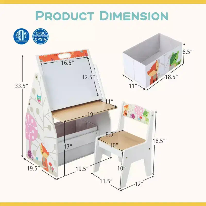 Set Tavolo e Sedie per Bambini Costway con Lavagna Magnetica e Lavagna Bianca Girevole a Doppia Faccia Grigio/Bianco