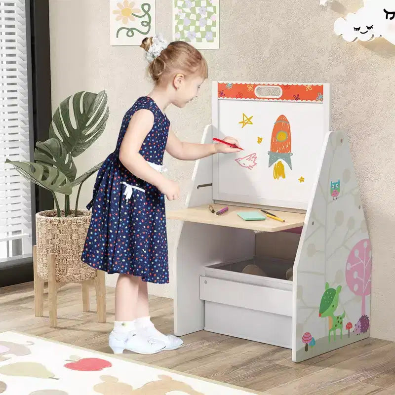 Set Tavolo e Sedie per Bambini Costway con Lavagna Magnetica e Lavagna Bianca Girevole a Doppia Faccia Grigio/Bianco