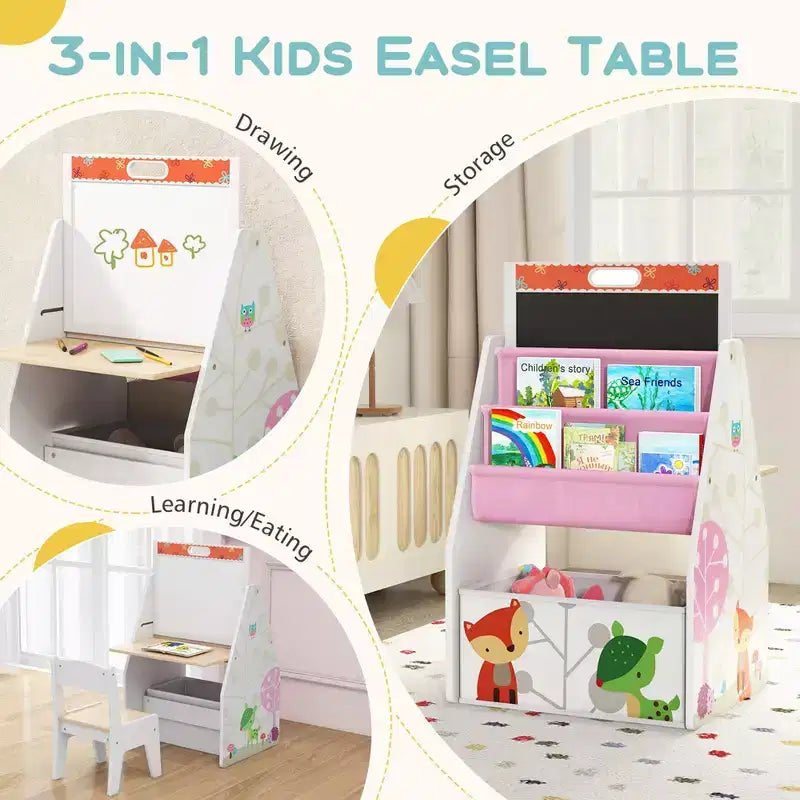 Set Tavolo e Sedie per Bambini Costway con Lavagna Magnetica e Lavagna Bianca Girevole a Doppia Faccia Grigio/Bianco
