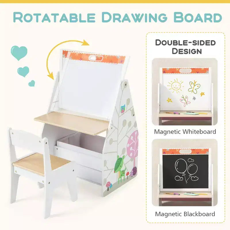 Set Tavolo e Sedie per Bambini Costway con Lavagna Magnetica e Lavagna Bianca Girevole a Doppia Faccia Grigio/Bianco