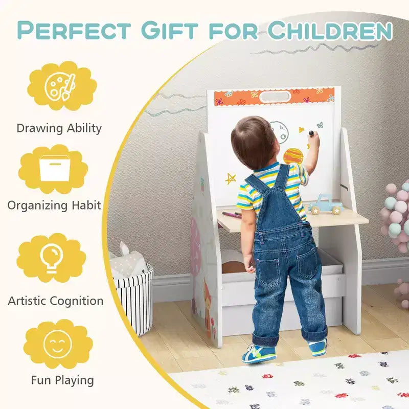 Set Tavolo e Sedie per Bambini Costway con Lavagna Magnetica e Lavagna Bianca Girevole a Doppia Faccia Grigio/Bianco