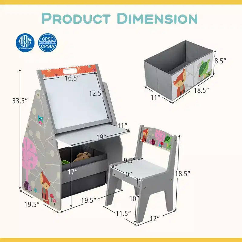 Set Tavolo e Sedie per Bambini Costway con Lavagna Magnetica e Lavagna Bianca Girevole a Doppia Faccia Grigio/Bianco