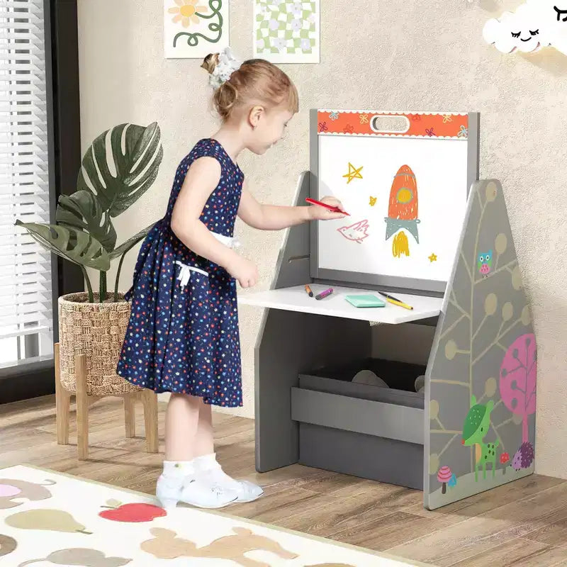 Set Tavolo e Sedie per Bambini Costway con Lavagna Magnetica e Lavagna Bianca Girevole a Doppia Faccia Grigio/Bianco
