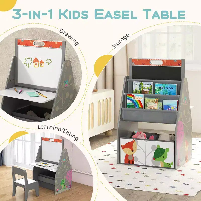 Set Tavolo e Sedie per Bambini Costway con Lavagna Magnetica e Lavagna Bianca Girevole a Doppia Faccia Grigio/Bianco