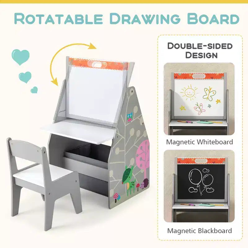 Set Tavolo e Sedie per Bambini Costway con Lavagna Magnetica e Lavagna Bianca Girevole a Doppia Faccia Grigio/Bianco