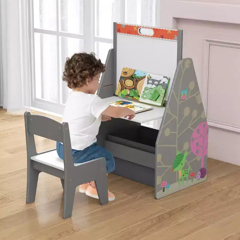 Set Tavolo e Sedie per Bambini Costway con Lavagna Magnetica e Lavagna Bianca Girevole a Doppia Faccia Grigio/Bianco