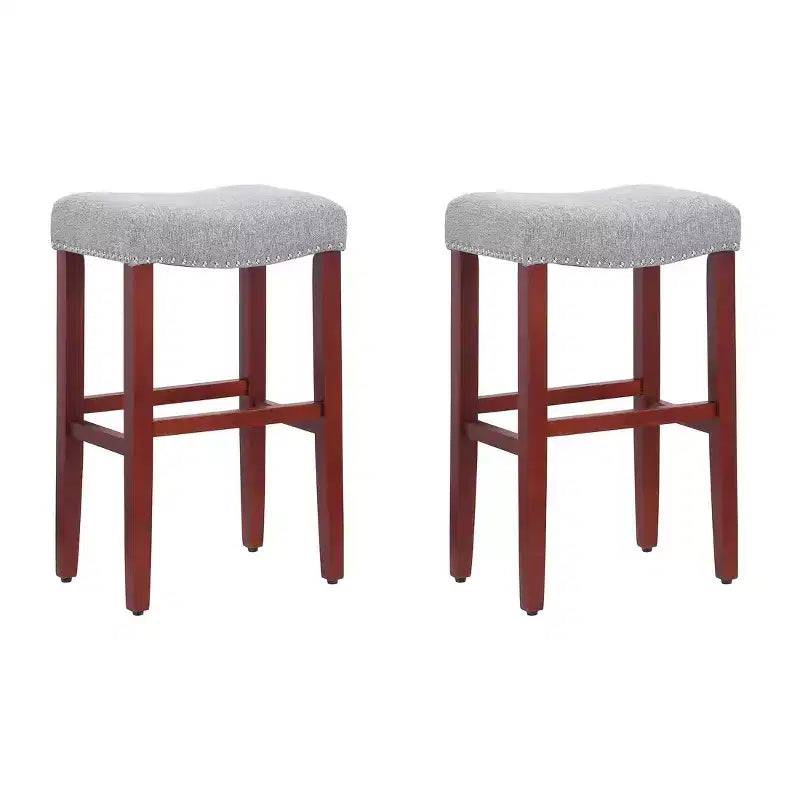 WestinTrends 29 Upholstered Saddle Seat Bar Stool (Set of 2), Cherry/Gray