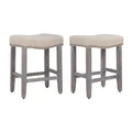 WestinTrends 24 Upholstered Saddle Seat Counter Stool (Set of 2), Antique Gray/Beige