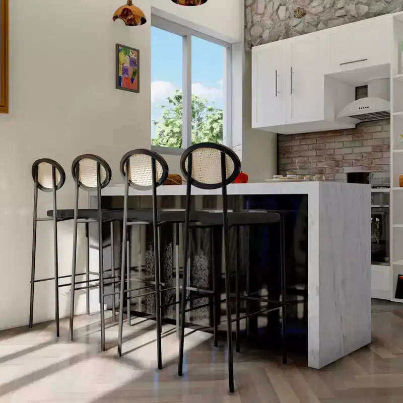 LeisureMod Euston Sgabello da bar moderno in vimini con telaio in acciaio nero, per interni, cucina, bancone, sala da pranzo, colazione, posti a sedere per bar, sedia contemporanea