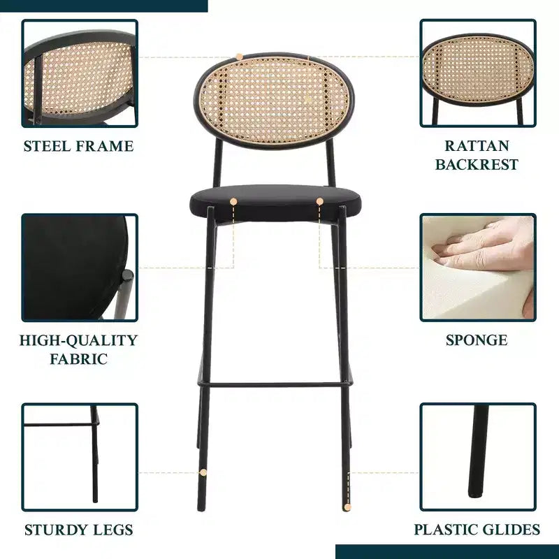 LeisureMod Euston Sgabello da bar moderno in vimini con telaio in acciaio nero, per interni, cucina, bancone, sala da pranzo, colazione, posti a sedere per bar, sedia contemporanea