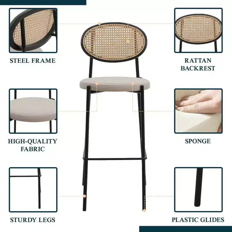 LeisureMod Euston Sgabello da bar moderno in vimini con telaio in acciaio nero, per interni, cucina, bancone, sala da pranzo, colazione, posti a sedere per bar, sedia contemporanea