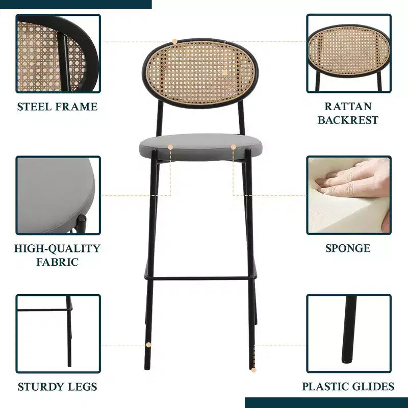 LeisureMod Euston Sgabello da bar moderno in vimini con telaio in acciaio nero, per interni, cucina, bancone, sala da pranzo, colazione, posti a sedere per bar, sedia contemporanea