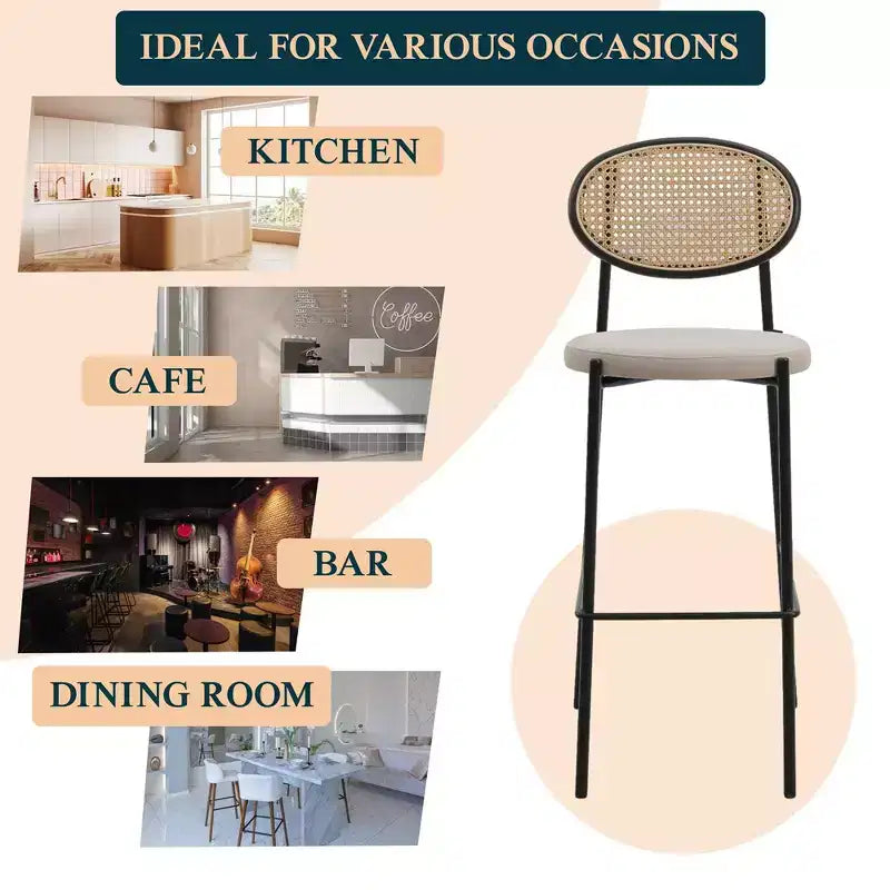 LeisureMod Euston Sgabello da bar moderno in vimini con telaio in acciaio nero, per interni, cucina, bancone, sala da pranzo, colazione, posti a sedere per bar, sedia contemporanea