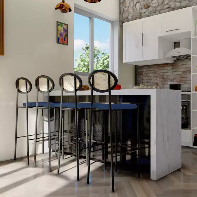 LeisureMod Euston Sgabello da bar moderno in vimini con telaio in acciaio nero, per interni, cucina, bancone, sala da pranzo, colazione, posti a sedere per bar, sedia contemporanea