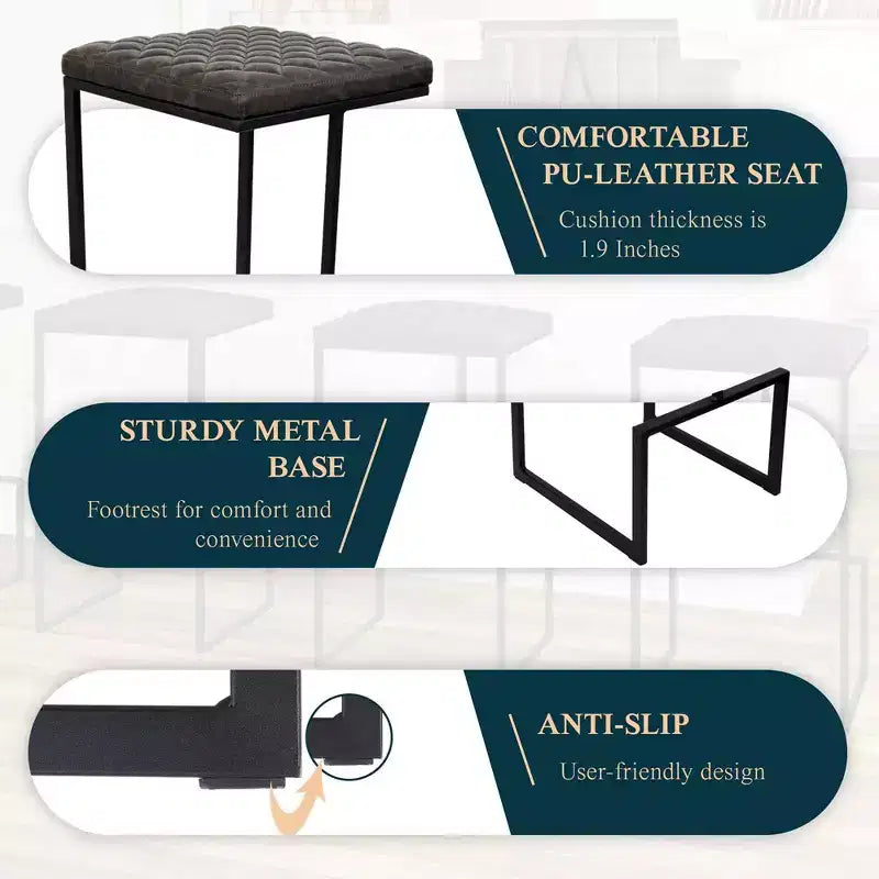 Sgabello da bar moderno in pelle trapuntata LeisureMod Quincy con struttura in metallo nero, sedia da bancone per isola cucina e posti a sedere a bancone