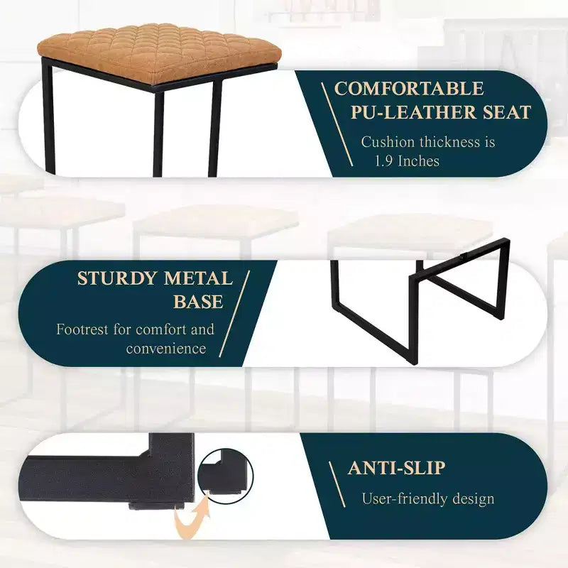 Sgabello da bar moderno in pelle trapuntata LeisureMod Quincy con struttura in metallo nero, sedia da bancone per isola cucina e posti a sedere a bancone