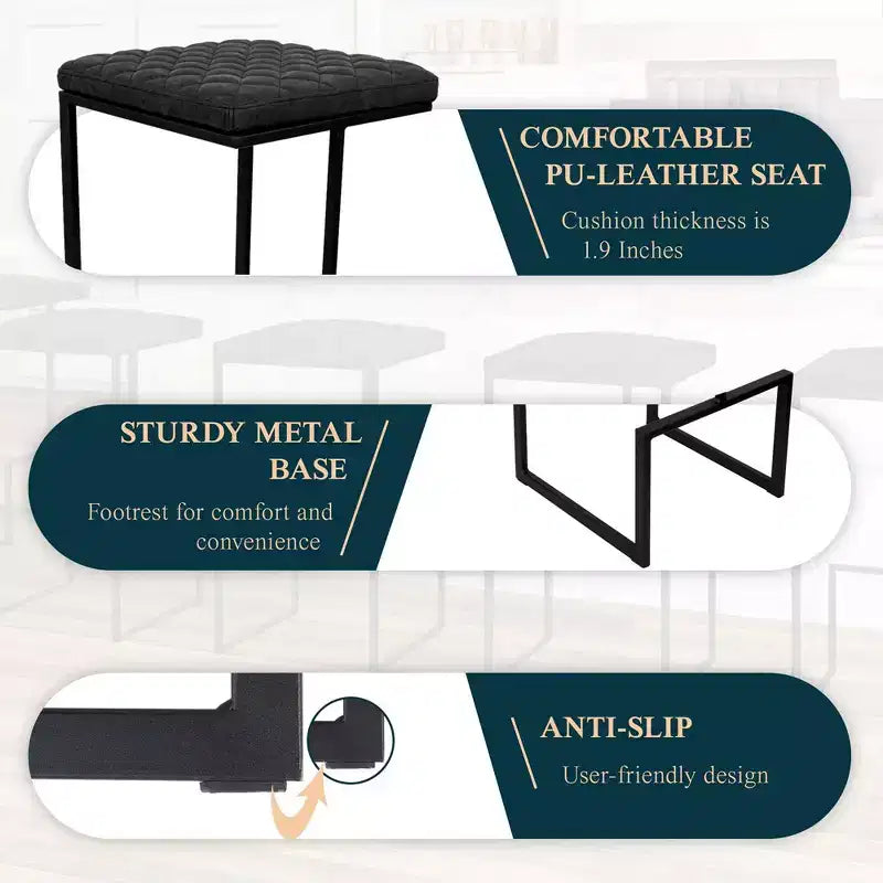 Sgabello da bar moderno in pelle trapuntata LeisureMod Quincy con struttura in metallo nero, sedia da bancone per isola cucina e posti a sedere a bancone